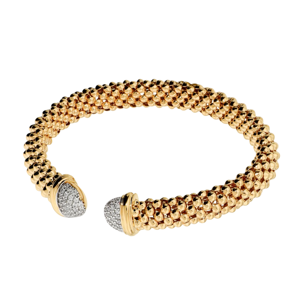 Bracciale semirigido aperto Bronzallure WSBZ02752Y.WR in lega Golden Rosè placcata oro giallo 18kt con maglia lavorata e terminali in zirconi bianchi.